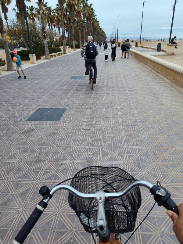 Biking along the beach promenade in Valencia